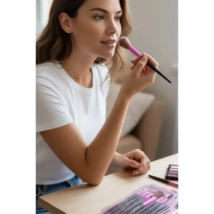 8li Pembe Ve Siyah Renk Makyaj Fırçası Set