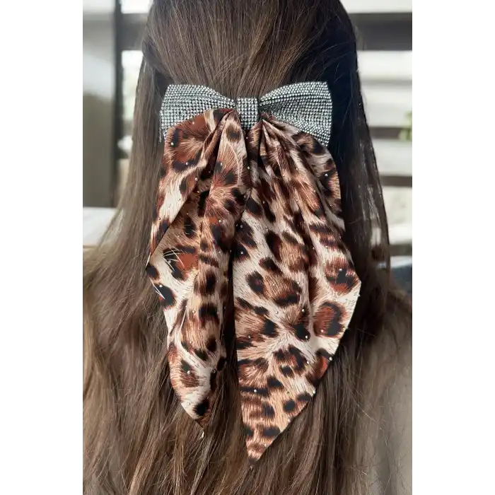 Açık Kahve Renk Leopar Desenli Taş Detaylı Otomat Toka