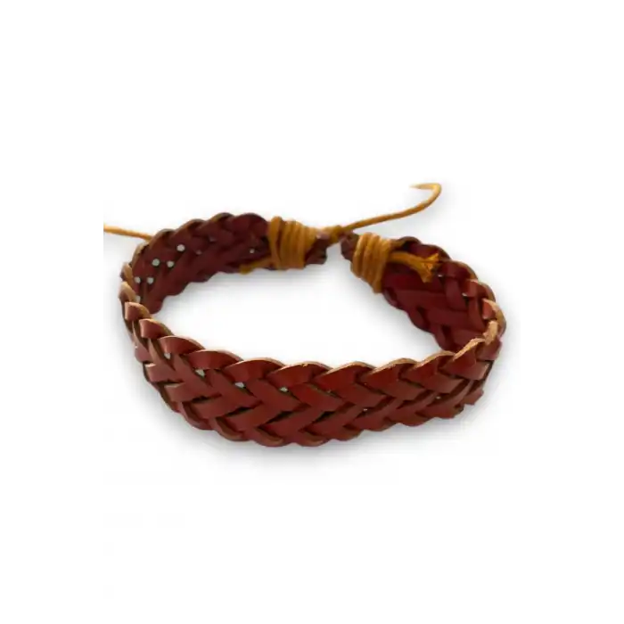 Açık Kahverengi Örgü Figürlü Deri Erkek Bileklik