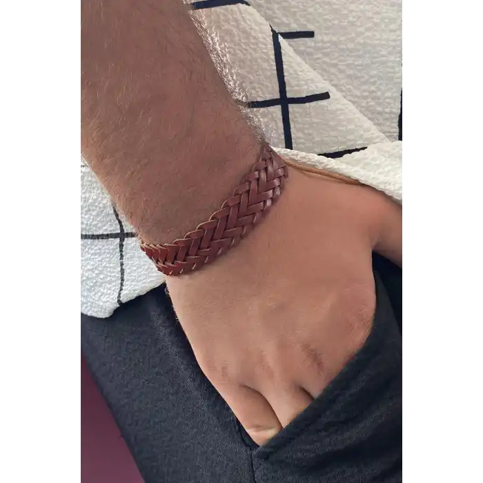 Açık Kahverengi Örgü Figürlü Deri Erkek Bileklik