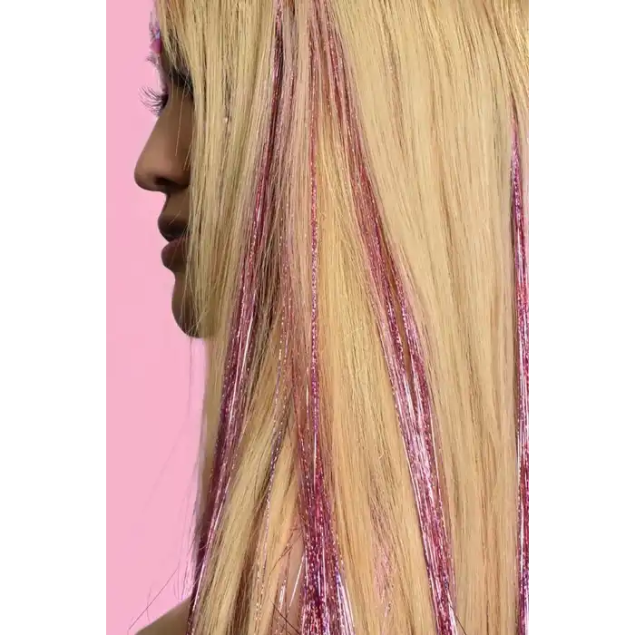 Açık Pembe Renk Simli Yan Postiş Hair Tinsel Shiny Hair (50 Cm)