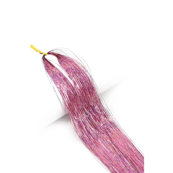 Açık Pembe Renk Simli Yan Postiş Hair Tinsel Shiny Hair (50 Cm)