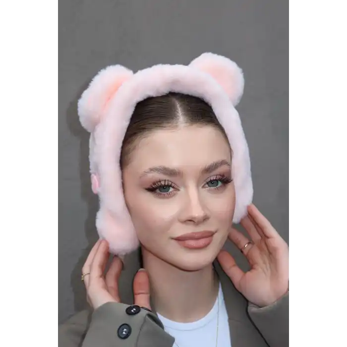 Açık Pembe Renk Tavşan Figürlü Peluş Çocuk Kulaklık