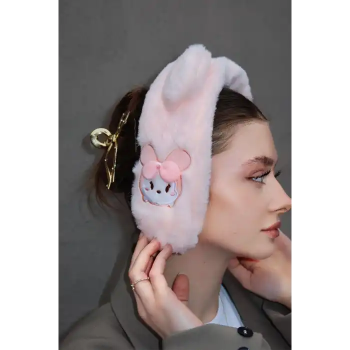 Açık Pembe Renk Tavşan Figürlü Peluş Çocuk Kulaklık