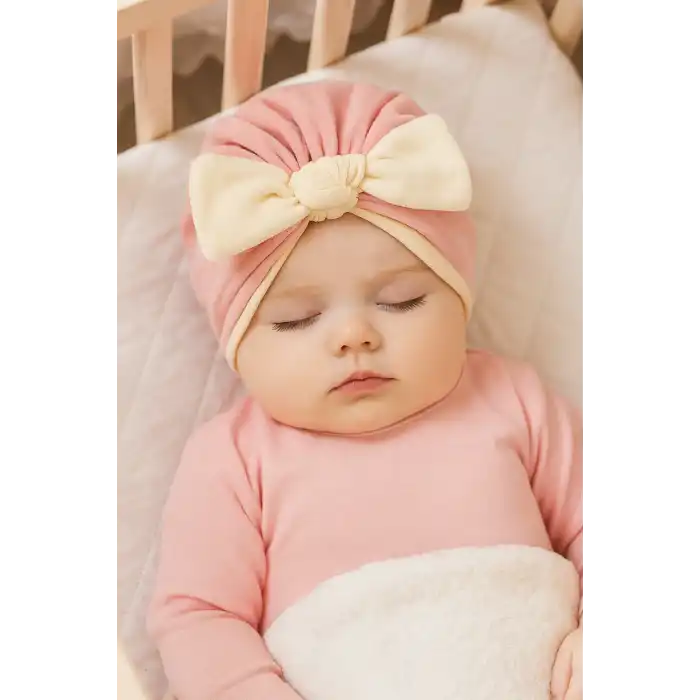 Açık Pembe Ve Krem Renk Kurdele Figürlü Bebek Saç Bonesi