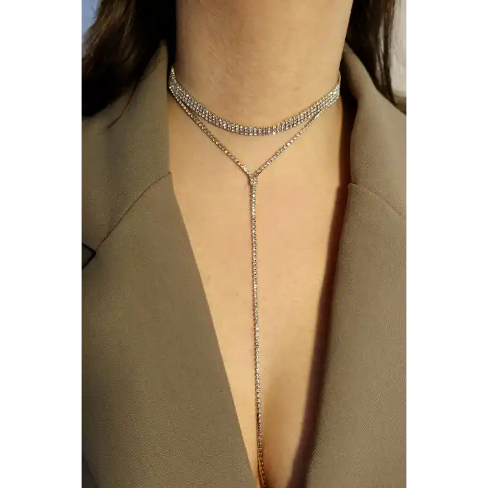 Altın Renk 3 Sıra Taş Detaylı Choker Kolye/ Vücut Aksesuarı
