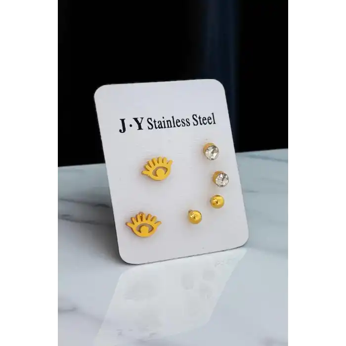 Altın Renk 6lı Karışık Figürlü Çelik Küpe Set