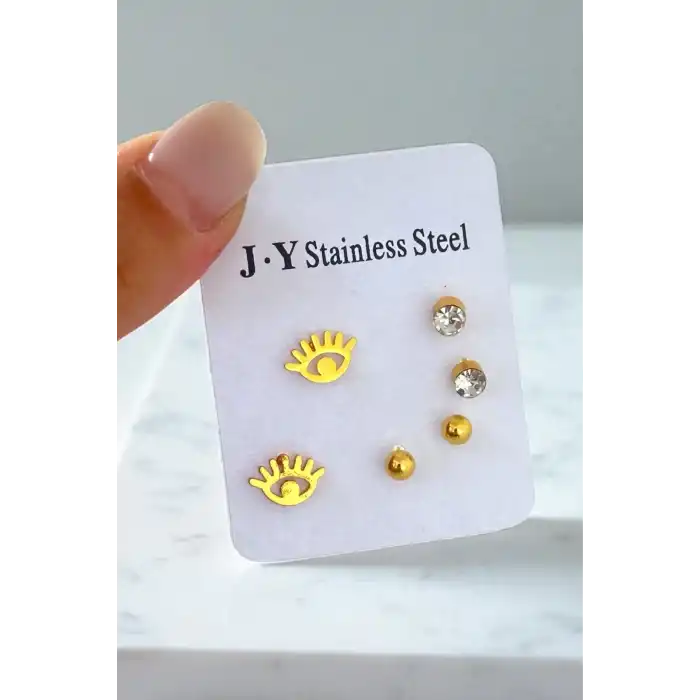 Altın Renk 6lı Karışık Figürlü Çelik Küpe Set
