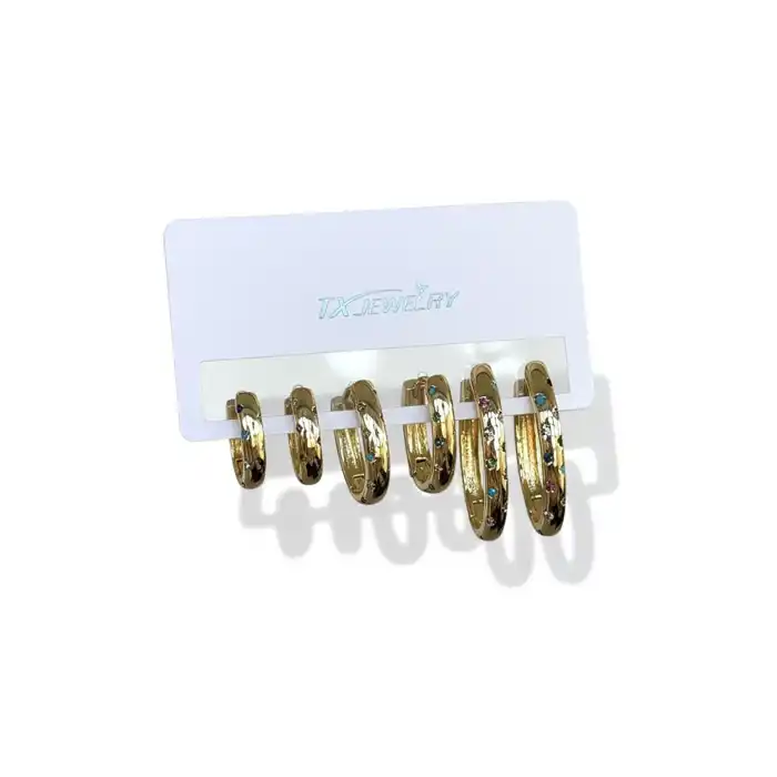 Altın Renk 6lı Taş Detaylı TX 14K Altın Kaplama Küpe Set