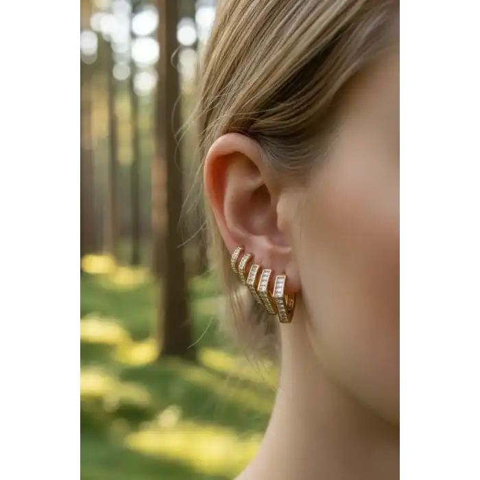 Altın Renk 6lı Taş Detaylı TX 14K Altın Kaplama Küpe Set