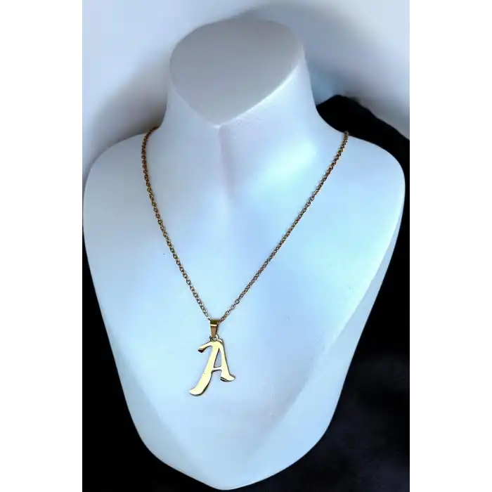 Altın Renk A Harf Figürlü Küpe Ve Kolye Set