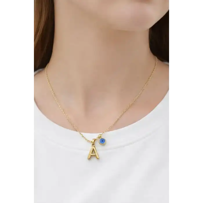 Altın Renk A Harfli Nazar Boncuk Detaylı Çelik Kolye