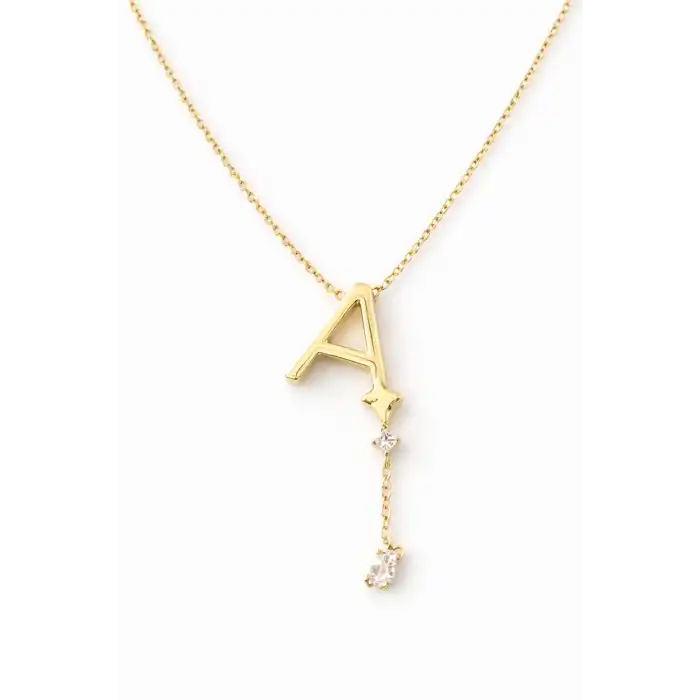 Altın Renk A Harfli Taş Detaylı Çelik Kolye