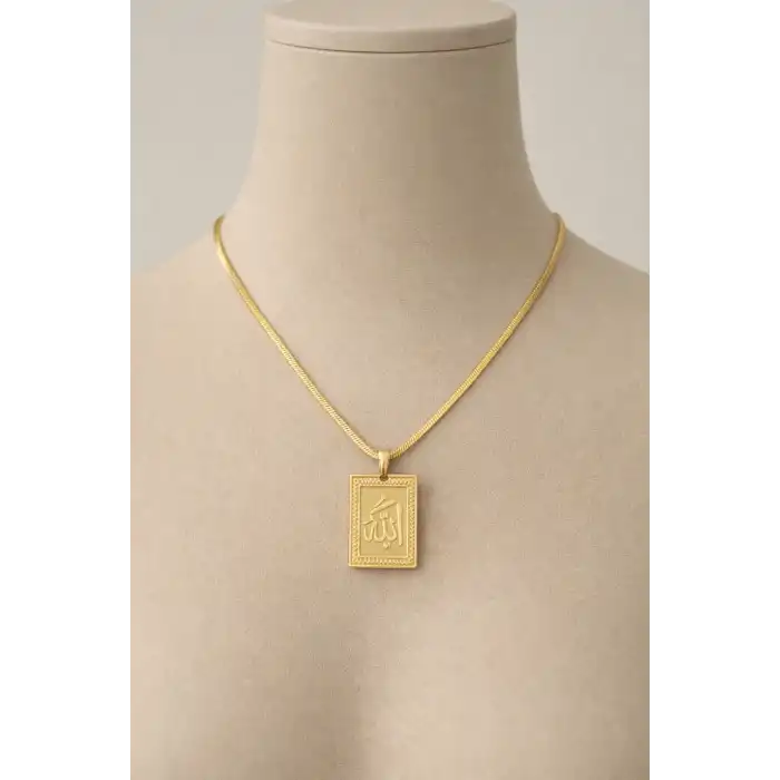 Altın Renk Allah Yazılı Çelik Kolye