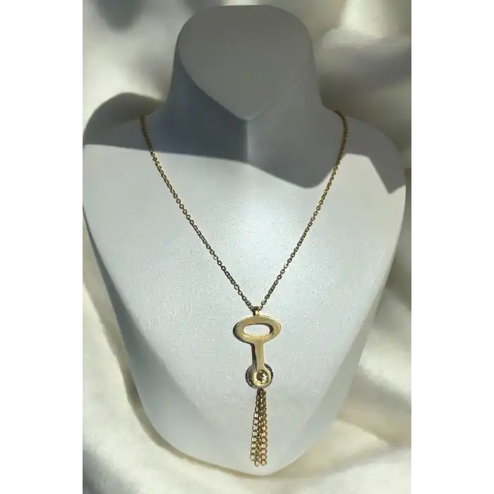 Altın Renk Anahtar Figürlü Taş Detaylı Çelik Kolye