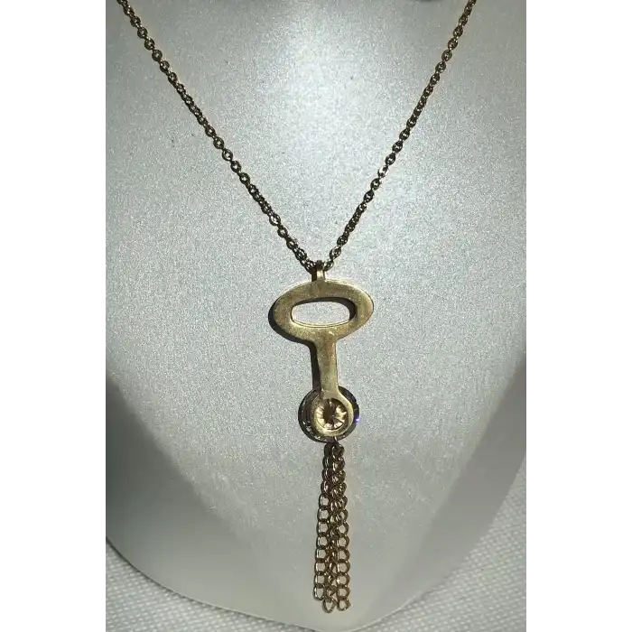 Altın Renk Anahtar Figürlü Taş Detaylı Çelik Kolye