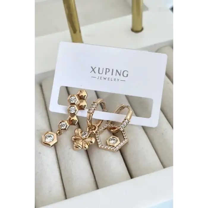 Altın Renk Arı Figürlü Taş Detaylı Çelik Xupıng 3lü Küpe Set (Çift)
