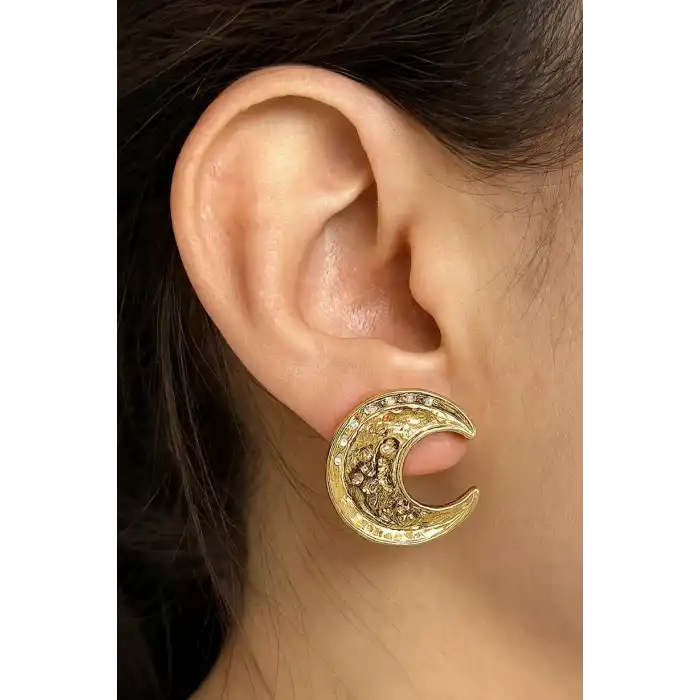 Altın Renk Ay Figürlü Çelik Küpe (Çift)