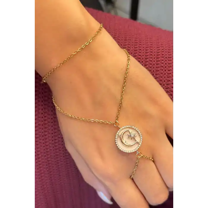 Altın Renk Ay Ve Yıldız Figürlü Taş Detaylı Çelik Şahmeran