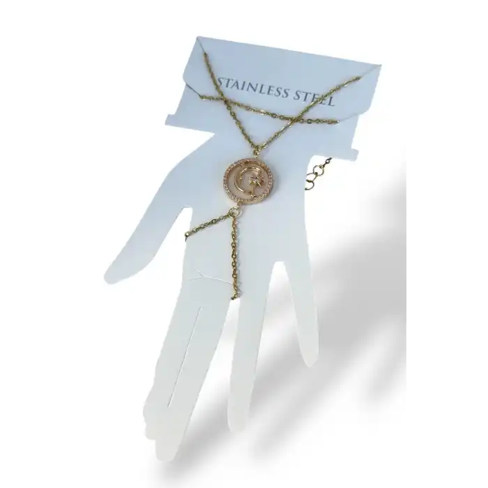 Altın Renk Ay Ve Yıldız Figürlü Taş Detaylı Çelik Şahmeran