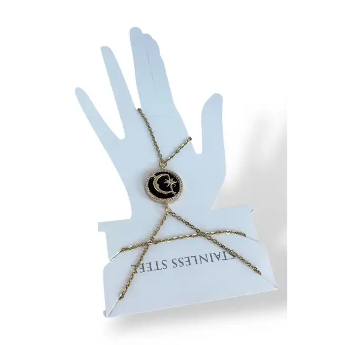 Altın Renk Ay Ve Yıldız Figürlü Taş Detaylı Çelik Şahmeran