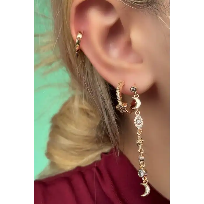 Altın Renk Ay Ve Yıldız Figürlü Taş Detaylı VİP 3lü YSX Küpe Set