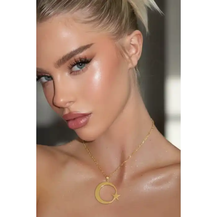 Altın Renk Ay Yıldız Figürlü Çelik Kolye