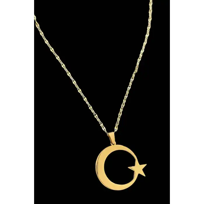 Altın Renk Ay Yıldız Figürlü Çelik Kolye