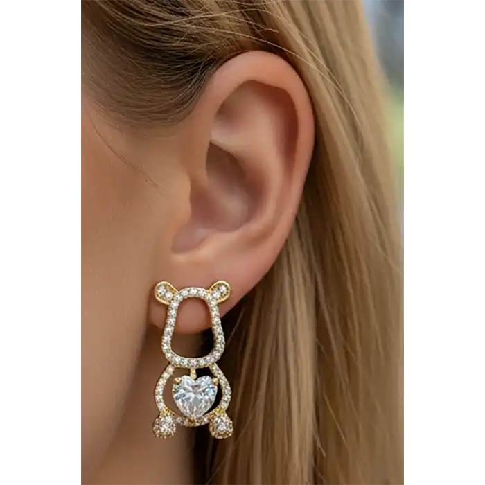 Altın Renk Ayıcık Figürlü Taş Detaylı 14K Altın Kaplama Küpe (Çift)