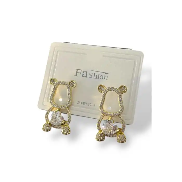 Altın Renk Ayıcık Figürlü Taş Detaylı 14K Altın Kaplama Küpe (Çift)