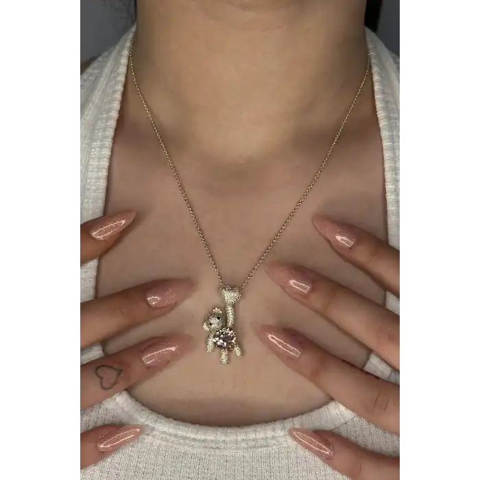 Altın Renk Ayıcık Figürlü Taş Detaylı YSX Kolye