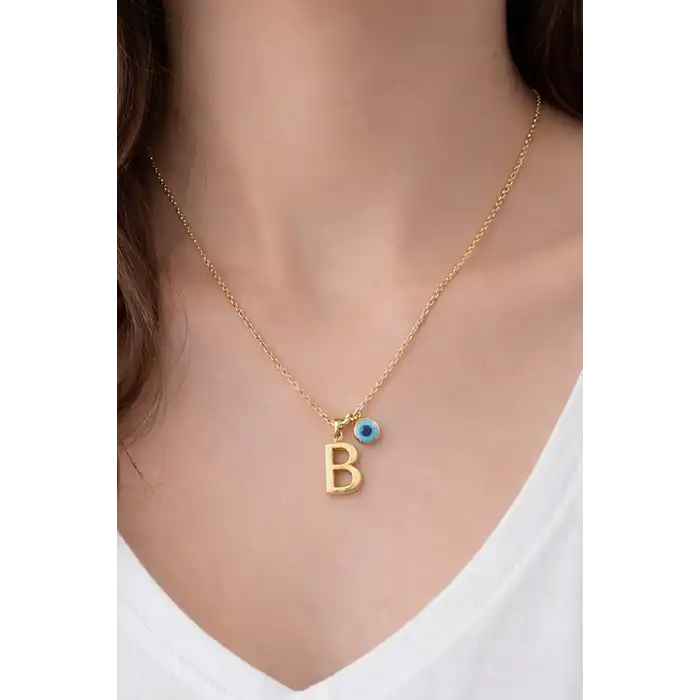 Altın Renk B Harfli Nazar Boncuk Detaylı Çelik Kolye