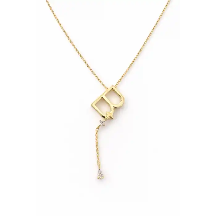 Altın Renk B Harfli Taş Detaylı Çelik Kolye