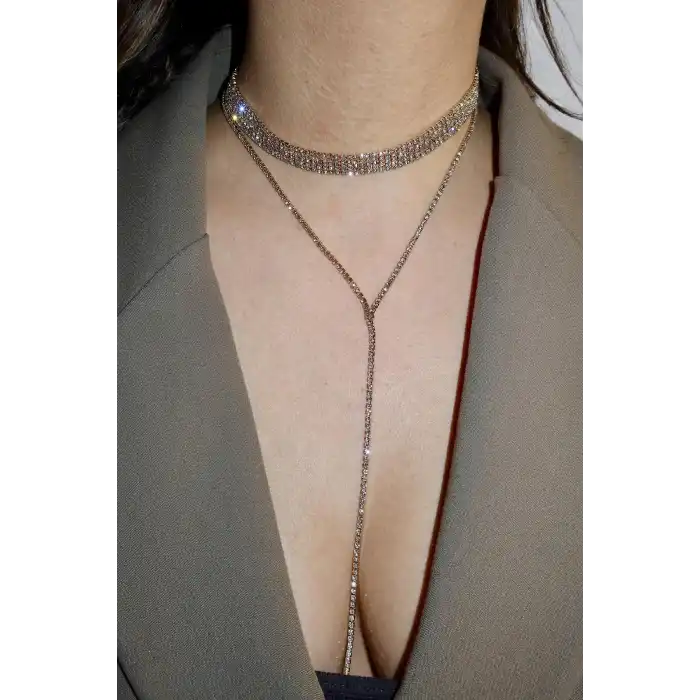 Altın Renk Beş Sıra Taş Detaylı Choker Kolye/ Vücut Aksesuarı
