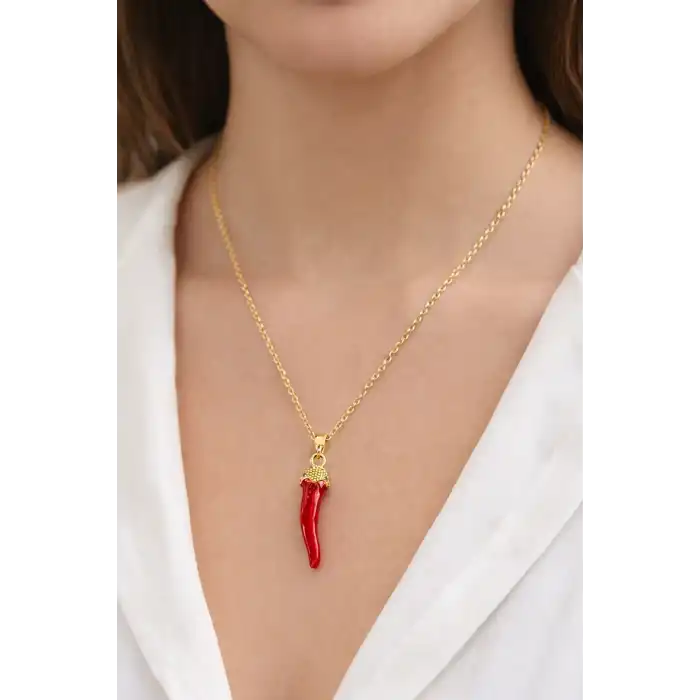 Altın Renk Biber Figürlü Çelik Şans Kolyesi