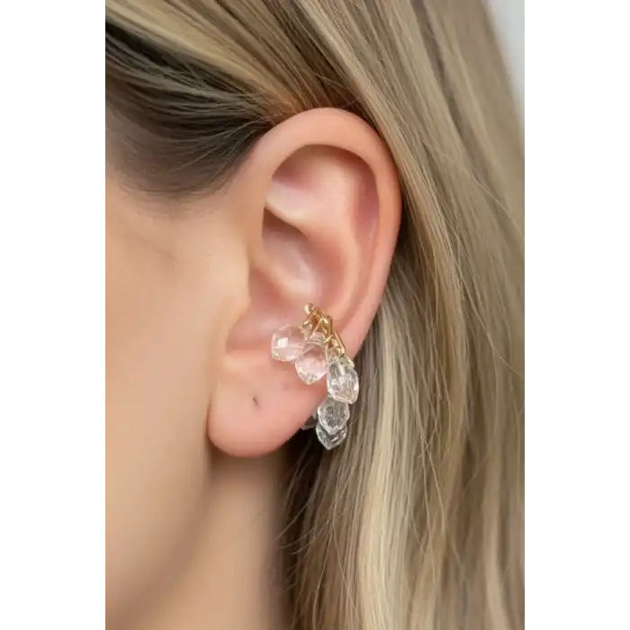 Altın Renk Boncuk Detaylı 14K Altın Kalpama TX Ear Cuff (Tek)