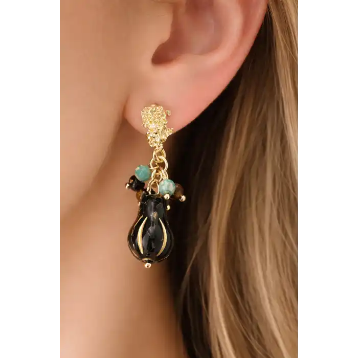 Altın Renk Boncuk Detaylı Küpe (Çift)