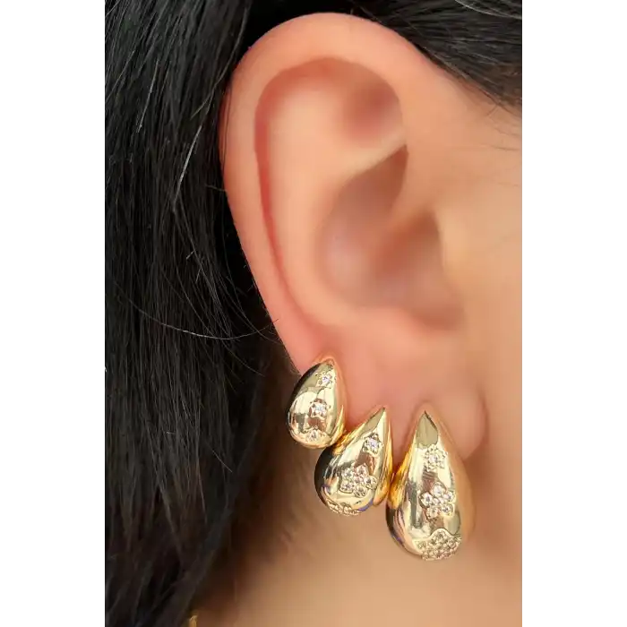 Altın Renk Bottaga Figürlü Çiçek Detaylı VİP 3lü YSX Küpe Set