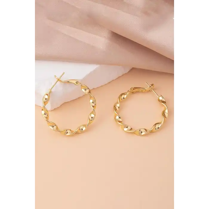 Altın Renk Burgu Detaylı 30Mm Halka Küpe (Çift)