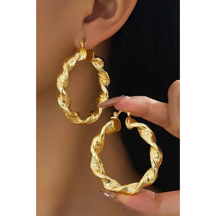 Altın Renk Burgu Detaylı 35Mm Halka Küpe (Çift)