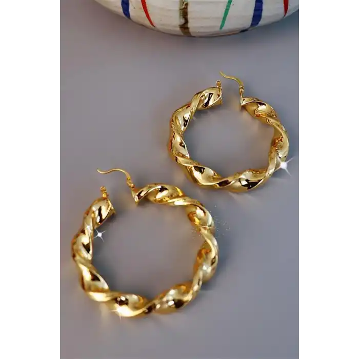 Altın Renk Burgu Detaylı 35Mm Halka Küpe (Çift)