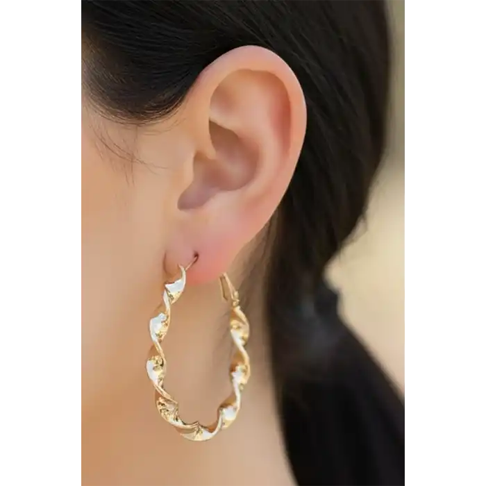 Altın Renk Burgu Detaylı 40Mm Halka Küpe (Çift)