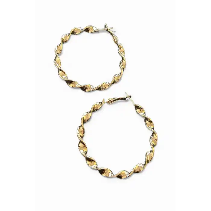 Altın Renk Burgu Detaylı 40Mm Halka Küpe (Çift)