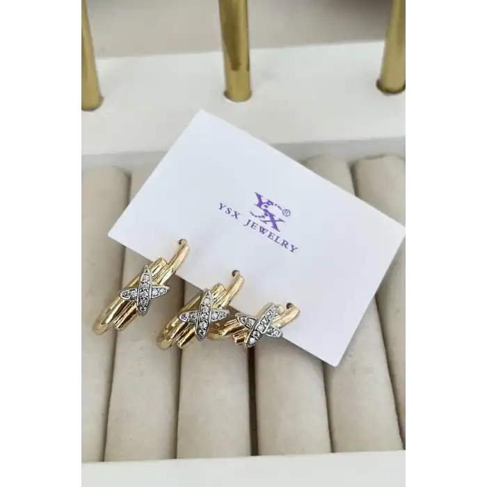 Altın Renk Çarpı Detaylı VİP 3lü YSX Küpe Set