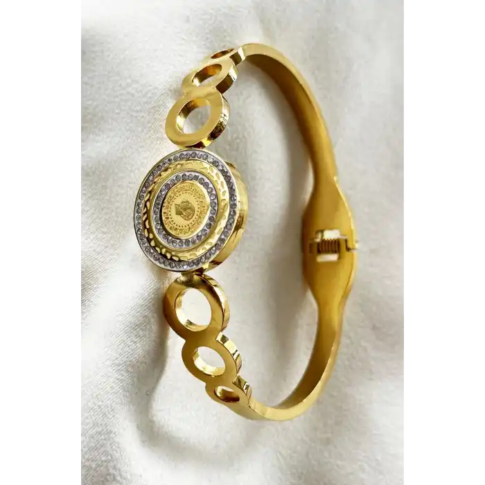 Altın Renk Çeyrek Detaylı Taşlı Çelik Kelepçe Bileklik