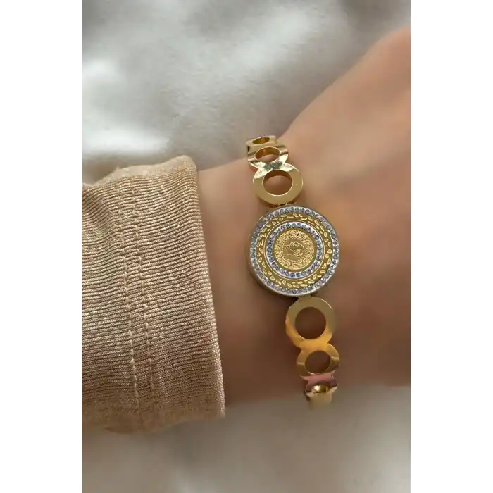 Altın Renk Çeyrek Detaylı Taşlı Çelik Kelepçe Bileklik