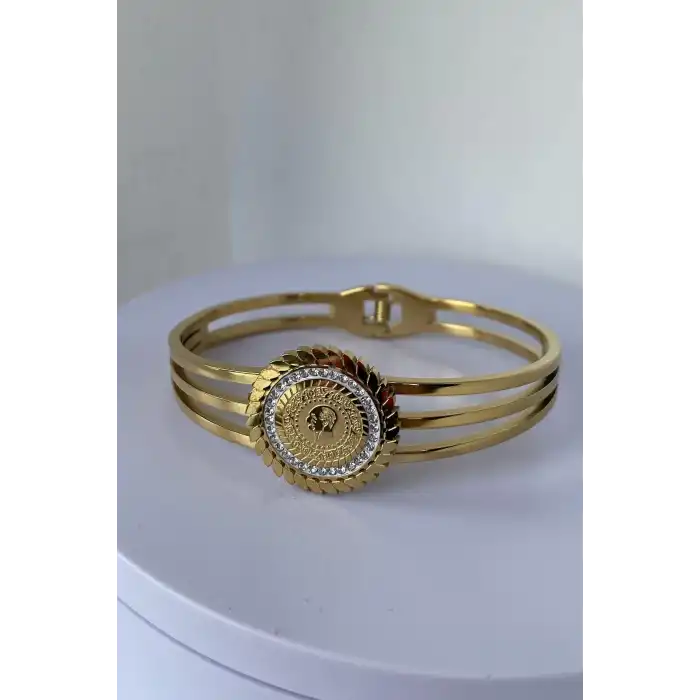 Altın Renk Çeyrek Figürlü Çelik Kelepçe Bileklik