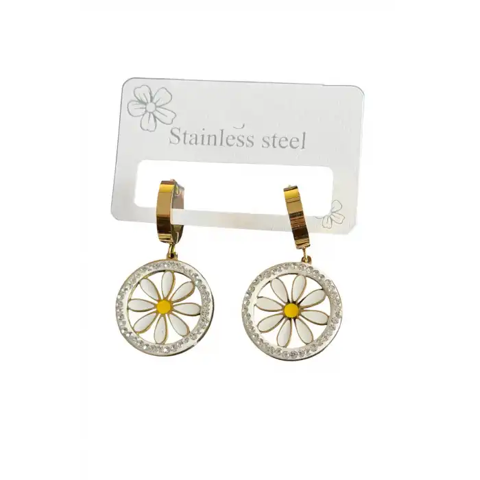 Altın Renk Çiçek Detaylı Çelik Küpe (Çift)