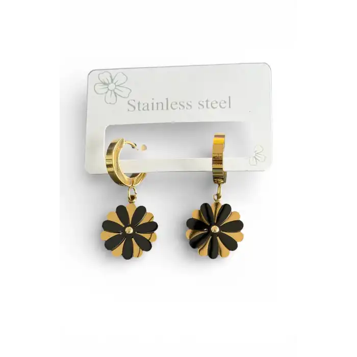 Altın Renk Çiçek Figürlü Çelik Küpe (Çift)