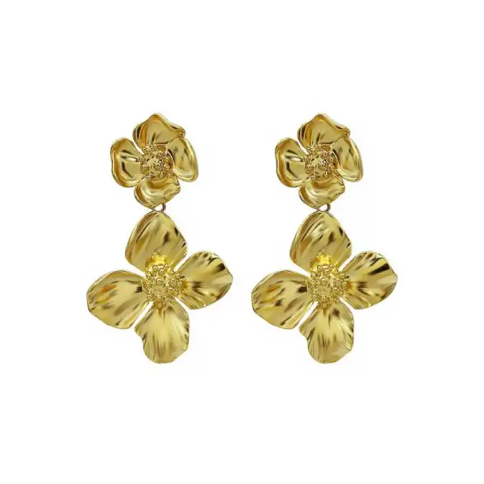 Altın Renk Çiçek Figürlü Çelik Küpe (Çift)